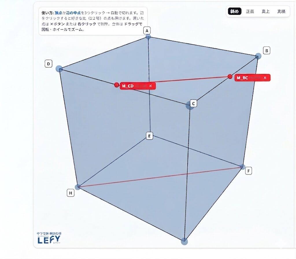 図3 画像1：立方体を斜めに切ったとき、上の面と下の面にできる切り口が平行な直線になっている様子。豆腐を包丁で切るイメージ図を併記。画像URLはWPメディアライブラリのURLに差し替え