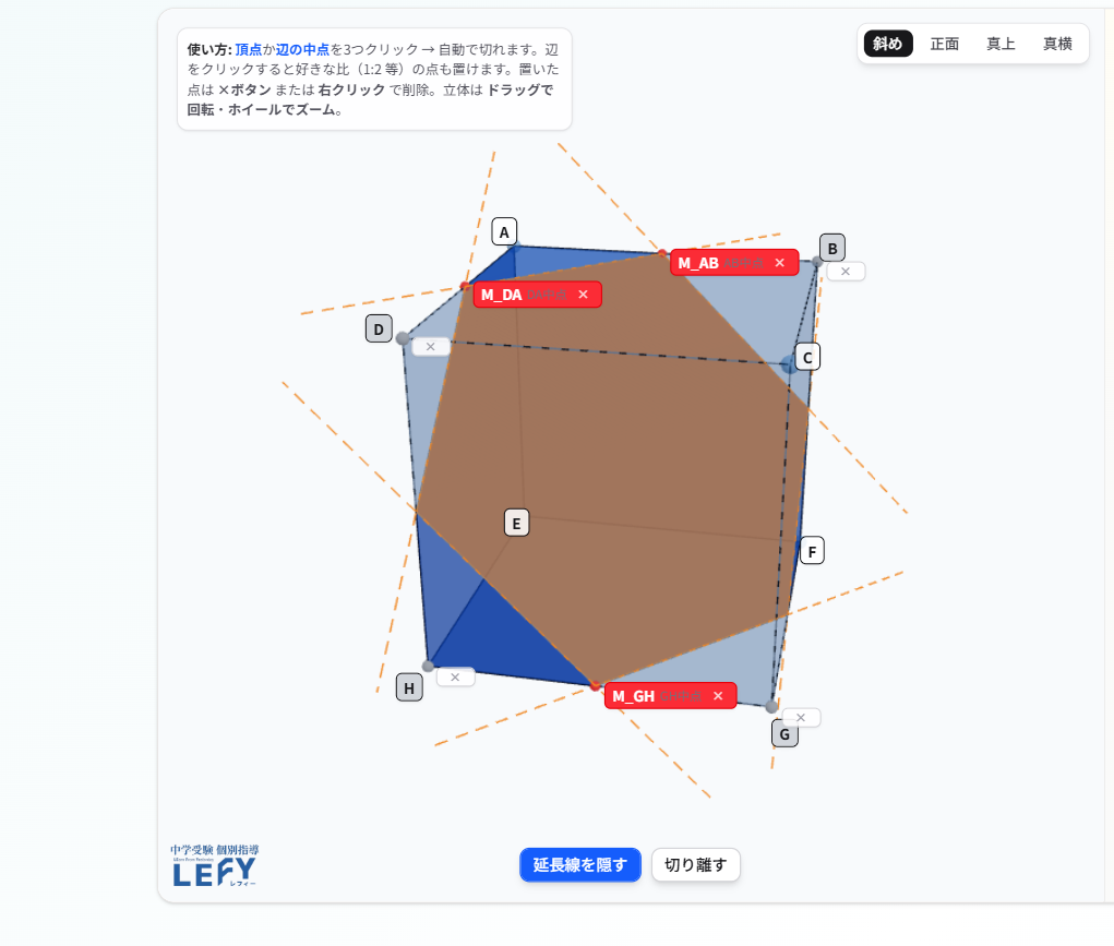 図4 画像1：立方体の辺を外側に伸ばし、切断面の直線も伸ばして、立方体の外で交点を作る様子。立方体の外に「大きな三角すい」が見えてくる図解。画像URLはWPメディアライブラリのURLに差し替え